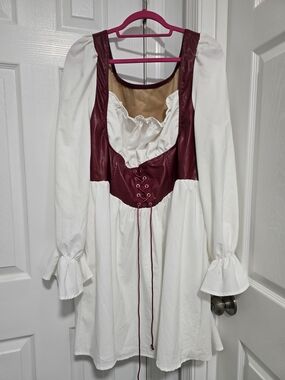 White Peasant Dress with Burgundy Faux-Leather Bodice